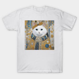 White Klimt Cat with Blue Eyes and Knitted Scarf T-Shirt